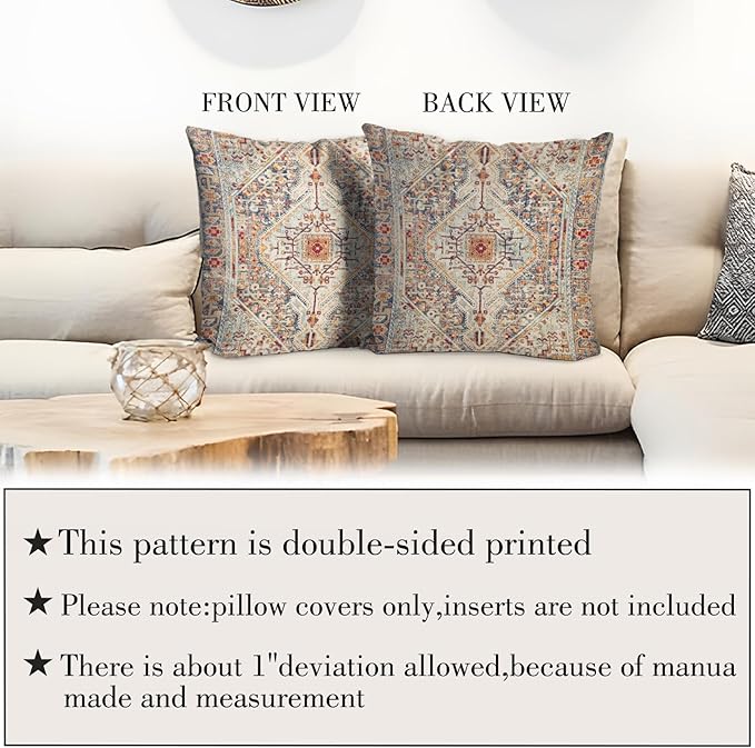 Boho Throw Pillow Covers 20x20 inch Set of 2,Bohemian Vintage Carpet Pattern Antique Ethnic Decor Double Sided Pattern Cushion Cover Soft Pillow Case Living Sofa Room Bed Square Pillow Cover