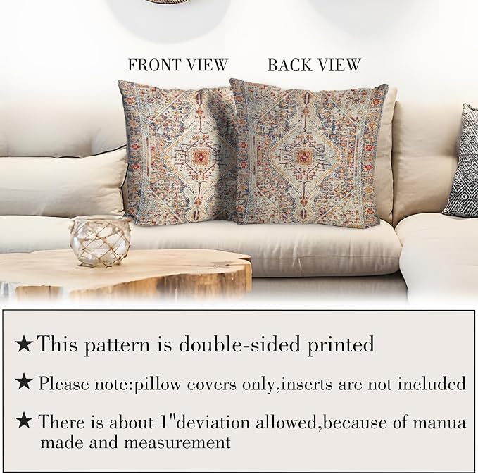 Boho Throw Pillow Covers 16x16 inch Set of 2,Bohemian Vintage Carpet Pattern Antique Ethnic Decor Double Sided Pattern Cushion Cover Soft Pillow Case Living Sofa Room Bed Square Pillow Cover
