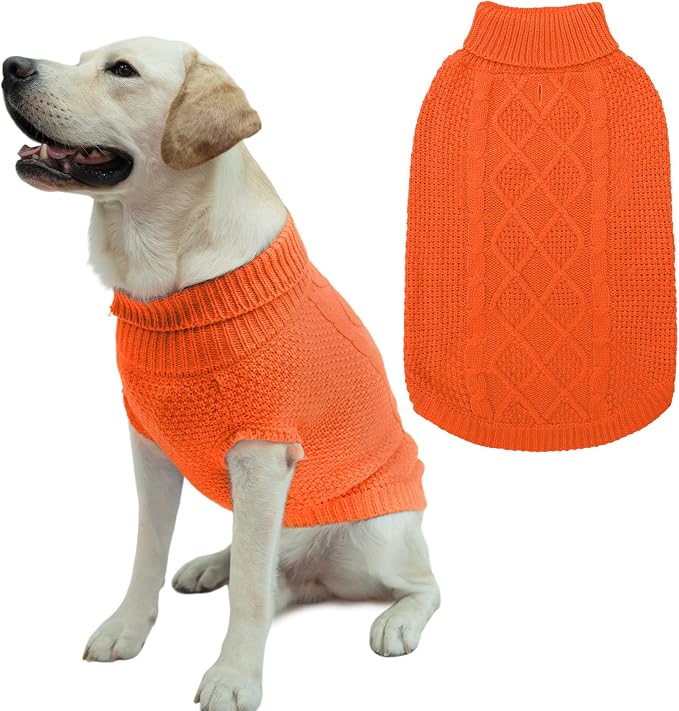 Mihachi Turtleneck Dog Sweater - Winter Coat Apparel Classic Cable Knit Clothes with Leash Hole for Cold Weather, Ideal Gift for Pet in New Year Orange Medium