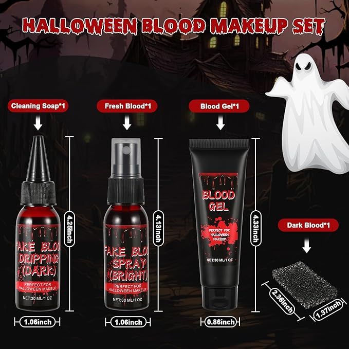 Halloween Fake Blood Makeup Kit - Includes Realistic Coagulated Blood Gel, Fake Blood Spray, Dripping Blood, Stage Blood, for Zombie Vampire Cosplay Party Mouth Clothes