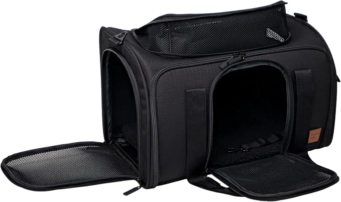 Airline-Approved Pet Carrier with Expandable Pop-Up Mesh Window, Waterproof Bottom & Plush Washable Pad (Black)