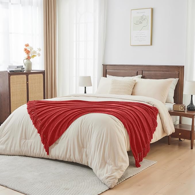 CozeCube Chenille Throw Blanket, Christmas Red Fringe Blanket, 60"X80" | For Couch, Cozy Plush Fuzzy Decorative Blanket with Fringe Tassels, Lightweight Throws for Bed Sofa Gift Home Decor