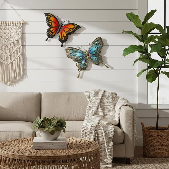 LIFFY Metal Butterfly Wall Decor,2Pack 12" Hanging Glass Butterfly Outdoor Decor,Garden Decorative Ornaments Outside for Home,Yard,Fence,Patio