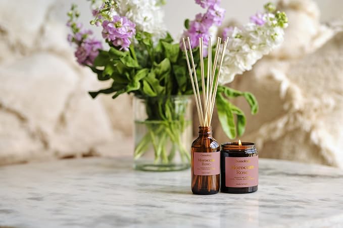 Osmology Moroccan Rose Aromatherapy Candle – Rose, Tonka Bean & Musk Scented Candle, Plant-Based Wax in Amber Apothecary Jar, 7 oz, 50 Hour Burn Time, Floral & Musky Candle