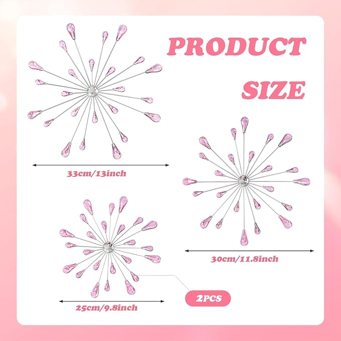 ZEXUIRU 4 Set Silver Starburst Wall Art for Home Decor Metal Bling Crystal Rhinestones Sunburst Wall Decor Sparkling Rhinestone Art Accent -Pink 13in/11.8in/9.8in/9.8in