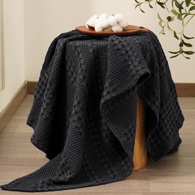 PHF 100% Cotton Waffle Weave Throw Blanket, Lightweight Breathable Summer Blanket for Couch Sofa, Pre-Washed Soft Throws for Bed, Office, Travel & Stylish Home Decor, 50"x60", Black