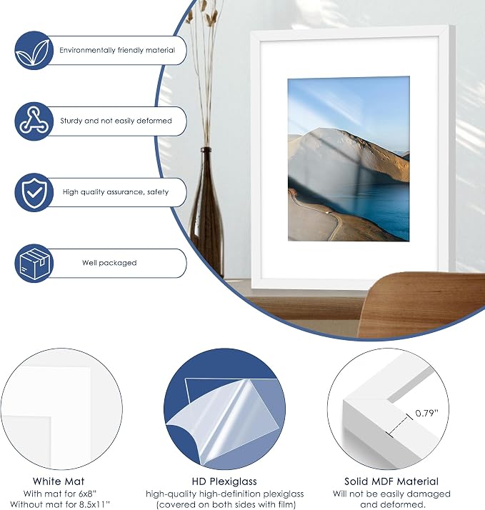 11x14 Picture Frame Set of 6,Wall or Tabletop,White Woodgrain | Display 8x10 with Mat or 11x14 Without Mat, Horizontal or Vertical, Gallery Wall Frame Set for Wedding & Room & Home Decor