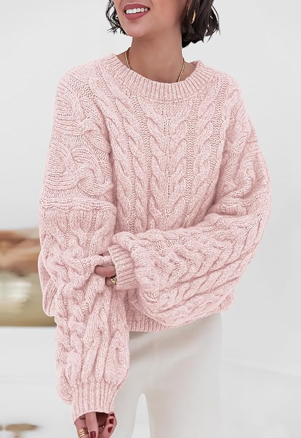 PRETTYGARDEN Womens Sweaters Spring 2026 Cable Knit Long Sleeve Crewneck Oversized Sweater Chunky Pullover Loose Outfits