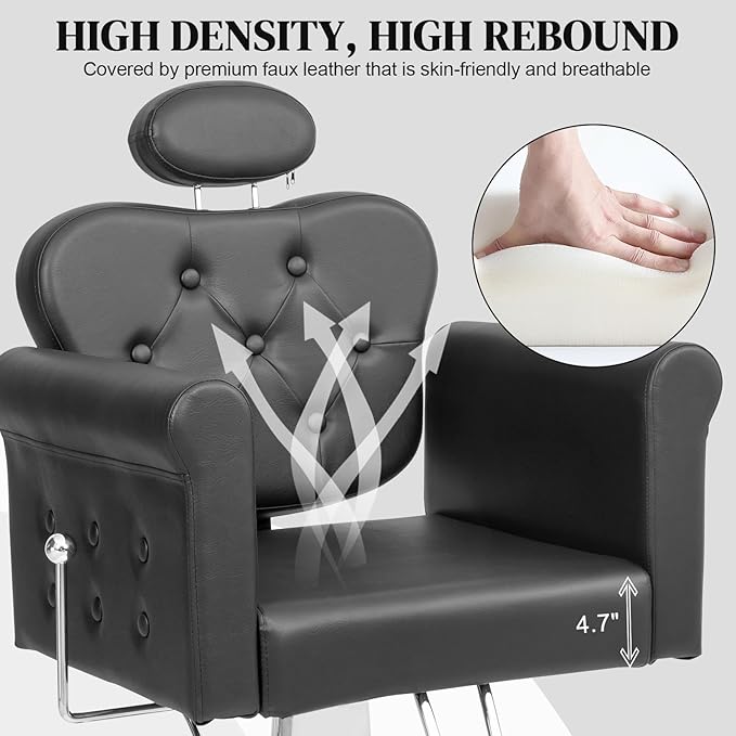 OmySalon All Purpose Salon Chair with Reclining Back & Tufted Button, Stylist Chairs for Salon, Barber Chair Heavy Duty Hair Chair for Braiding Makeup Threading Waxing, Black