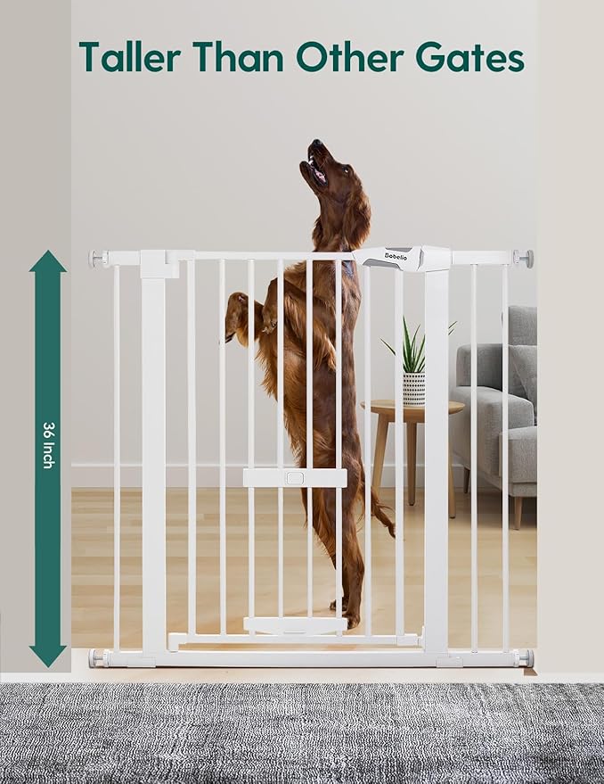 Babelio 36" Tall Baby Gate with Cat Door, CatPrivilege II, 29-48" | Extra Wide Auto-Close Pet Door for Stairs, Doorways & House, 6-Level Adjustable, Wall Cups Included, White