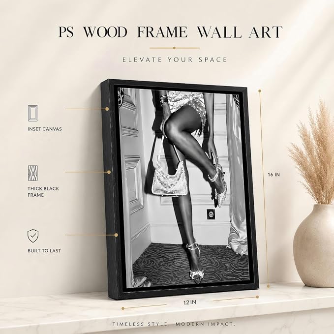 Framed Black and White Fashion Canvas Wall Art Luxury Feminist Picture Wall Decor Trendy Women High Heels Poster Print for Girl Dorm Bedroom Bar Cart Home Decoration 12x16in