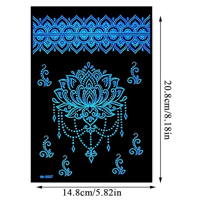 Blue Luminous Henna Tattoo Stickers Glow-in Dark Henna Temporary Decal for Women Flower Sexy Lace Fake Sticker for Halloween Wedding Night Glitter Party Supply