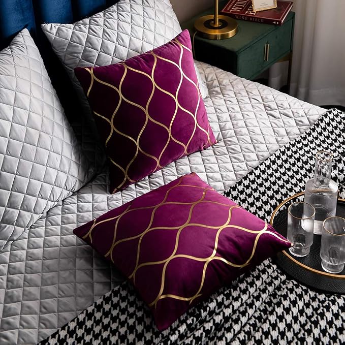 Gold Velvet Euro Sham Pillow Covers Purple: 2 Pack 26x26 Inch Square Decorative Pillow Cases for Bedroom Sofa Couch Living Room