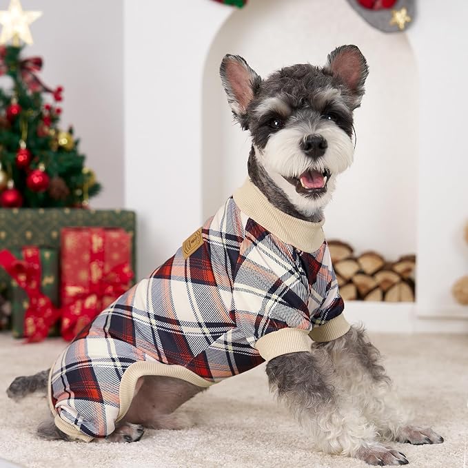 XPUDAC 4 Pack Dog Pajamas for Large Dogs Cats Plaid Doggie Clothes Puppy Onesies Christmas Pajamas Jumpsuits Pet Pjs Shirt Apparel 4X-Large, Red Green Beige Grey
