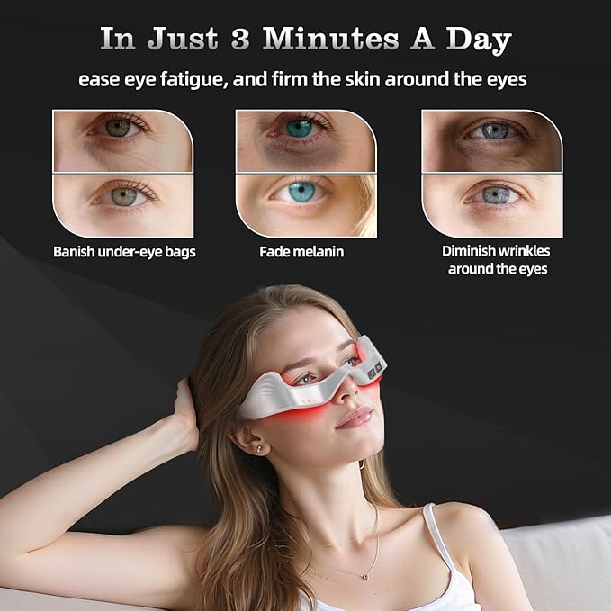 Under Eye Red Light Therapy Device, facial red light therapy for reducing dark circles and puffiness, smoothing fine lines, eye massager with glasses strap