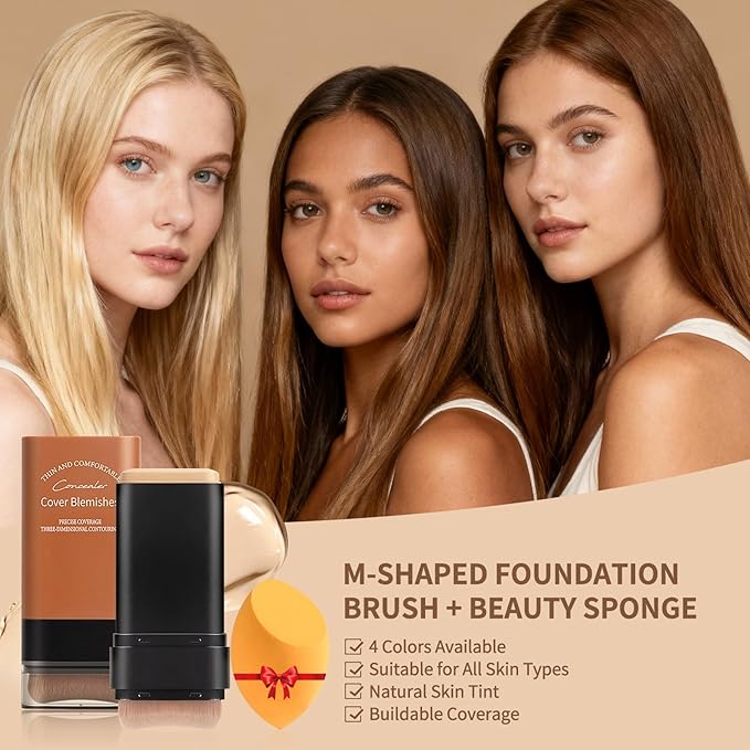 Full Coverage Foundation Stick with Contour Brush, Water Resistant & Lightweight Foundation Makeup with Beauty Sponge, Buildable Concealer Stick for Multiple Skin Tones, Daily Natural Matte Finish