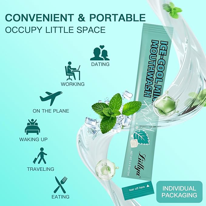 Liillya Mouthwash Travel Size, Individual Mini Mouthwash Alcohol Free, Cool Mint for Fresh Breath, Oral Care, Teeth & Gum Health, TSA Compliant, Portable Packets to Go, 0.41 Fl Oz x 20 Packs