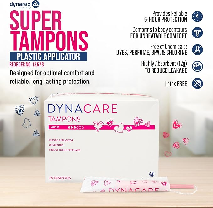 Dynarex Super Tampons – Bulk Feminine Hygiene Product with Plastic Applicator – 7 Hour Protection – 9 Boxes, 225 Total Tampons