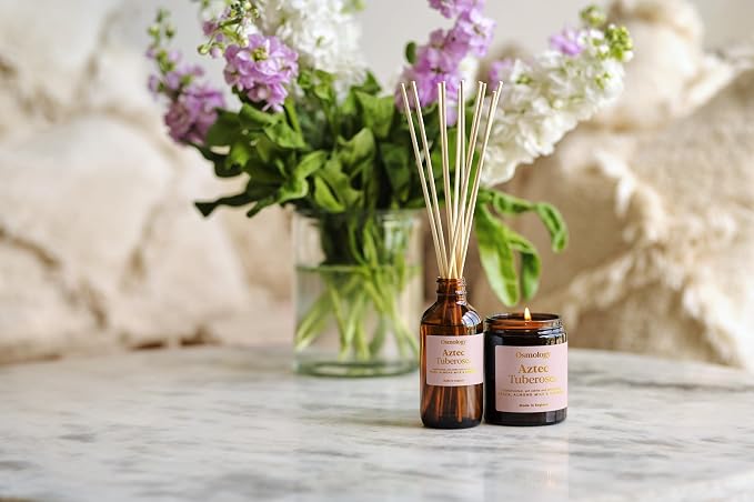 Osmology Aztec Tuberose Aromatherapy Candle – Peach, Almond Milk & Tuberose Scented Candle, Plant-Based Wax in Amber Apothecary Jar, 7 oz, 50 Hour Burn Time, Floral & Sweet Candle