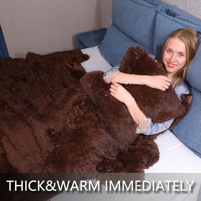 YUSOKI Long Faux Fur Throw Blanket, Brown,50" x 60" | Ultra Soft, Lightweight for All Season Use, stays fluffy after repeated washes, Perfect Gifts, Machine Washable