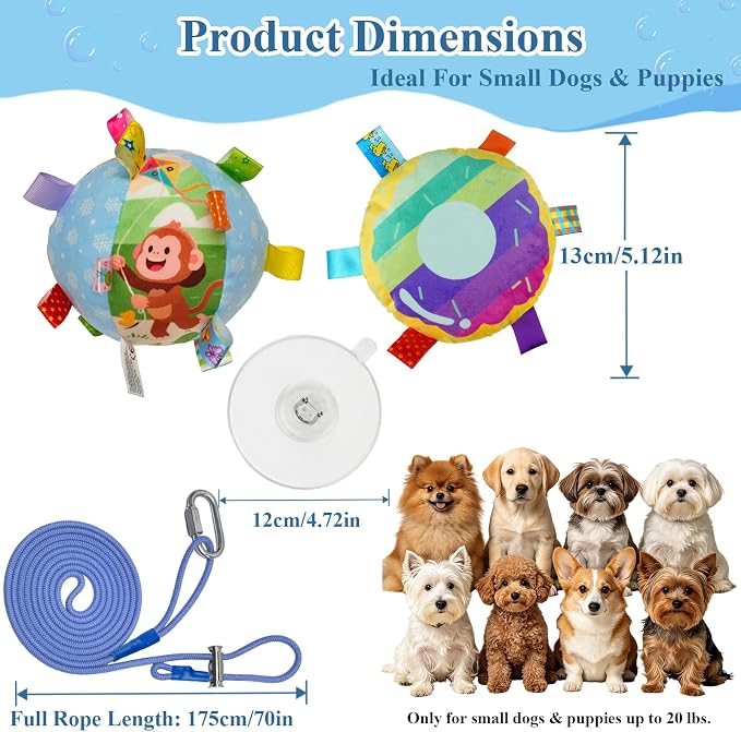 Colorful Squeaky Hanging Dog Toy with Suction Cup for Small Dogs | Bungee Tether, Crinkle Bell Ball, Bouncing Self-Play Toy, Door Frame Mounted, Interactive Fetch for Puppy Teething & Exercise