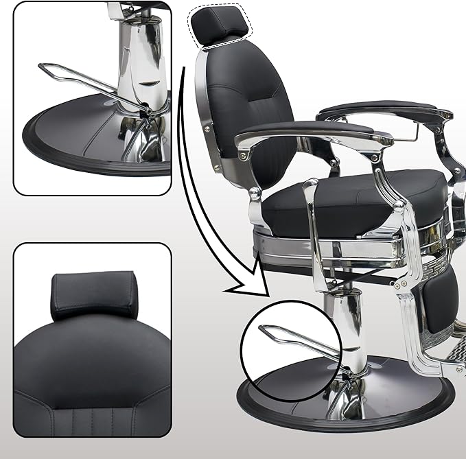 MYS Barber Chair,Hydraulic Salon Chair for Barbershop,spa & Tattoo,Vintage Design, Professional Hairdressing with 360° Rotation, 160°Reclining,Adjustable headrest, 550lbs Capacity, (Sliver)