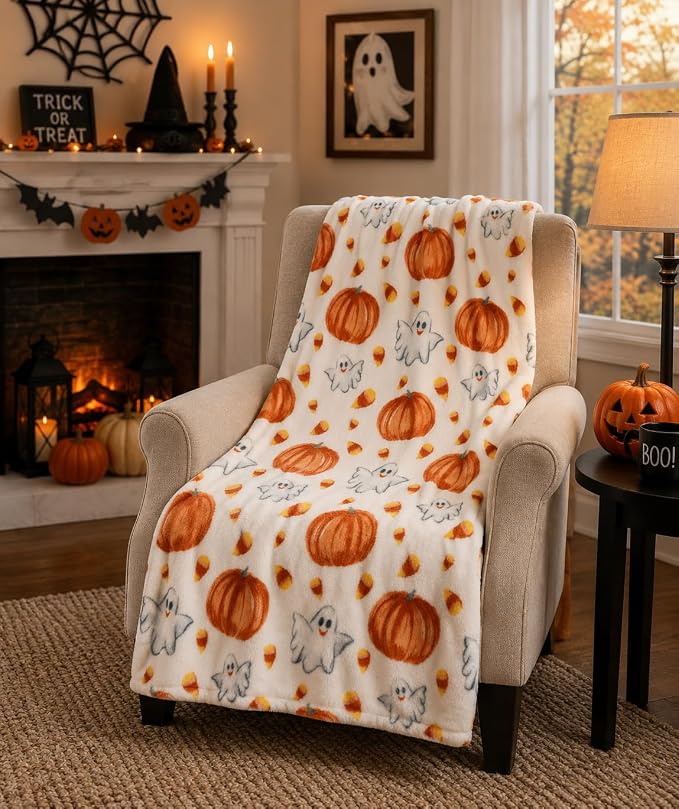 Halloween Ghost Fleece Throw Blanket, Cute Ghosts & Pumpkins, 50x70 XL size | Ultra-soft cozy flannel fleece, for sofa bed couch chair & dorms, spooky Halloween décor, durable and machine washable.