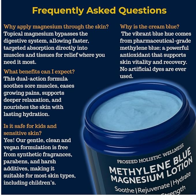 ProSeed Methylene Blue Magnesium Lotion with Yarrow, Turmeric, Frankincense, Vitamin E, Chamomile – Deep Moisturizing Cream for Face & Body – Bedtime & Post-Workout Massage for Kids, Men, Women - 2oz