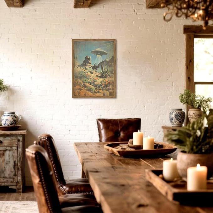 Vintage Intergalactic Western Wall Art Scifi Alien UFO Cowboy Rider Wall Decor Painting Funny Southwest Flying Saucer Poster Canvas Print Picture for Living Room Bedroom 16x24 inch Wood Framed
