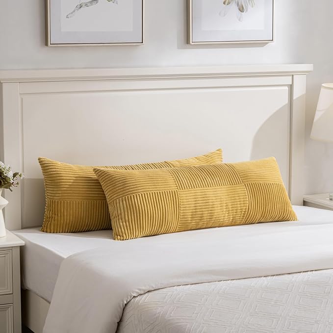 Fancy Homi Set of 1 Mustard Yellow Boho Long Lumbar Body Decorative Throw Pillow Cover 14x36 Inch for Bed Couch Bedroom Bench, Soft Patchwork Corduroy Pillow Case, Rustic Farmhouse Room Decor