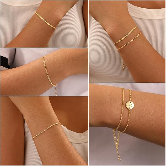 Bracelets for Women, 14K Gold Plated 6PCS Letter A-Z Stackable Jewelry Set for Adjustable 6"+2"