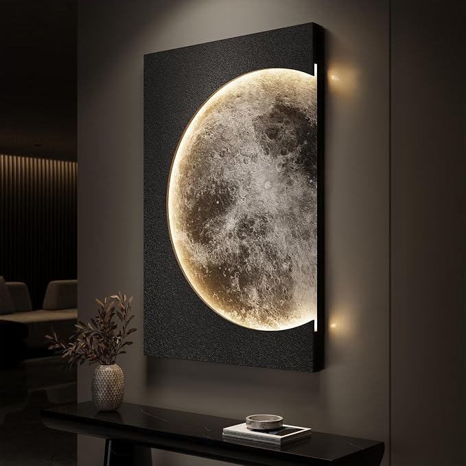 Large 3D LED Moon Wall Art, Modern Minimalist Backlit Lighted Lunar Artwork for Walls, Vertical Contemporary Black Textured Paintings for Living Room Bedroom Dining Room Hallway Entryway Wall Decor 24x36 In