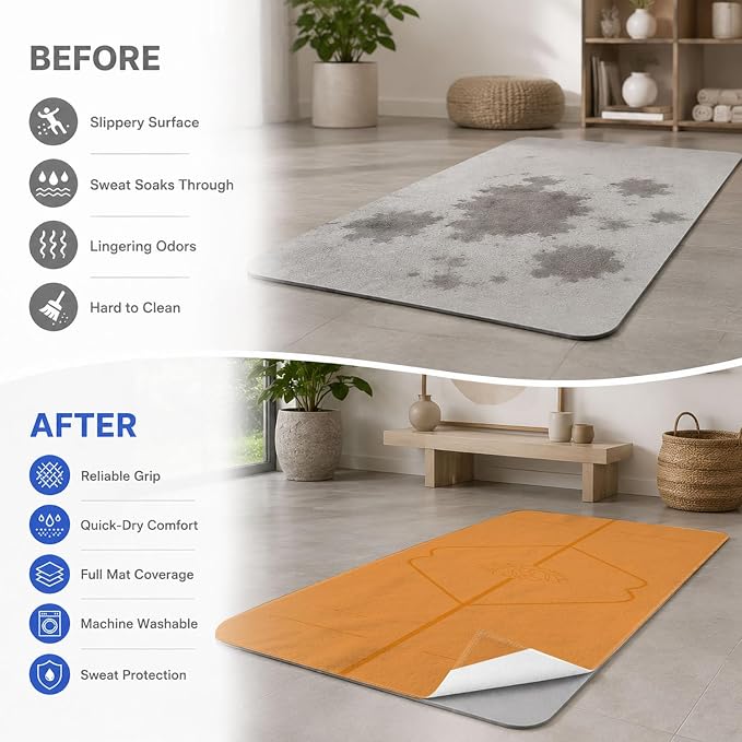 Yoga Mat Towel, Hot Yoga Non Slip with 4 Corner Pockets, 70 x 26 in | Soft Absorbent Microfiber With Four Corner Pockets, Fits Over Yoga Mats For Hot Yoga, Pilates, Gym, And Travel