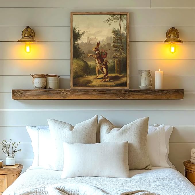 Funny Rabbit Wall Art Whimsical Bunny Wall Decor Painting Vintage Cottagecore Easter Animal Poster Canvas Prints Hare Family Picture Artwork for Living Room Bedroom 16x24 inch Wood Framed