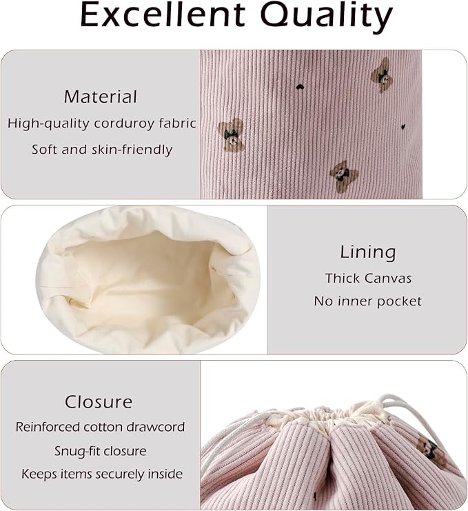 RSRSLEII Aesthetic Corduroy Drawstring Makeup Bag, Cute Coquette Drawstring Cosmetic Bag with Canvas Lining, Bear Pattern Travel Makeup Organizer Case for Women Girls(01Pink Bear)