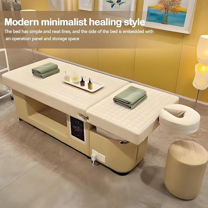 Head SPA Bed - Shampoo Bed with Beige Luxury Grid Pattern, Head SPA Equipment & Massage Table Includes Golden Waterfall Scalp Massage, Light Therapy, for Salon & Home