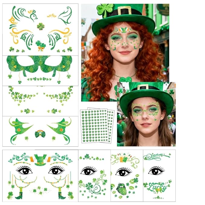 St Patricks Day Temporary Tattoos Green Leaf Blush Face Tattoos Mixed Styles Lucky Clover Shamrock Fake Tattoos Cute Freckles Face Tattoo Waterproof Makeup Stickers with Green Gems for Girls 4 Sheets