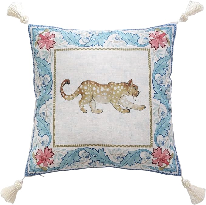 patdrea Designer French Vintage Linen Throw Pillow Cover,18"x18"-Fromm B | Elegant Decorative Pillow Case,Leopard Print with Tassel,Pillow Cover for Couch Living Room Bedroom Sofa