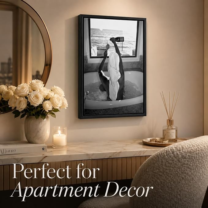 Framed Black and White Fashion Canvas Wall Art Trendy Woman Drinking Wine in Bathtub Picture Wall Decor Luxury Feminist Bathroom Poster Print for Apartment Dorm Home Decoration 12x16in