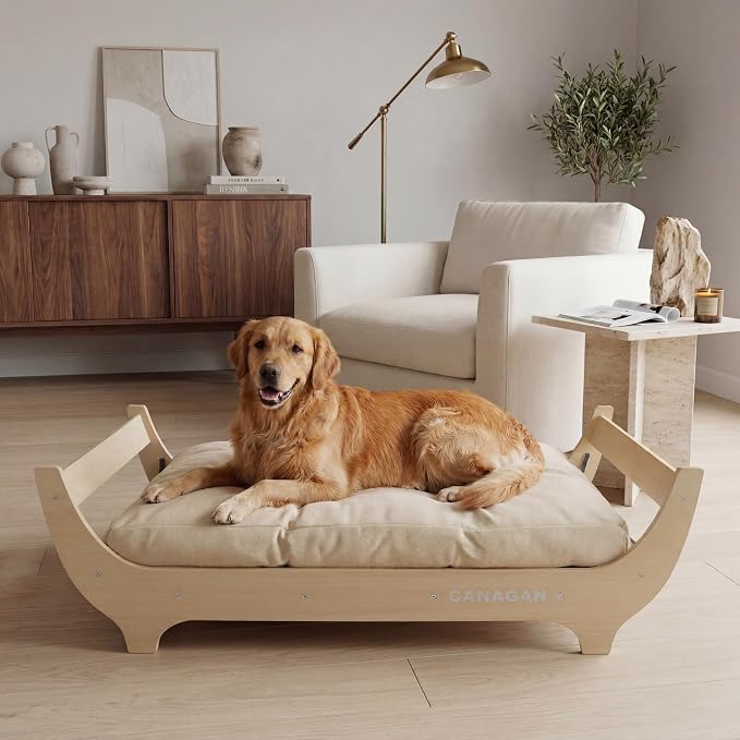 CANAGAN Elevated Wood Dog Bed Frame with Cushion, WoodPattern, Large | Raised Dog Couch Bed with Washable Cover and Plush PP-Filled Cushion, Furniture-Style for Indoor Living