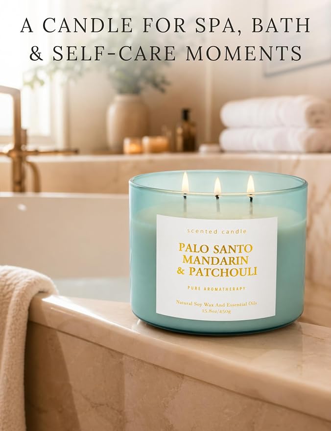 Palo Santo Mandarin Patchouli 3-Wick Soy Candle | 15.8 oz Calming Aromatherapy Candle for Home | Clean Burn Long Lasting | Warm Wood Citrus Scent | Stress Relief Candle Gift for Women & Men