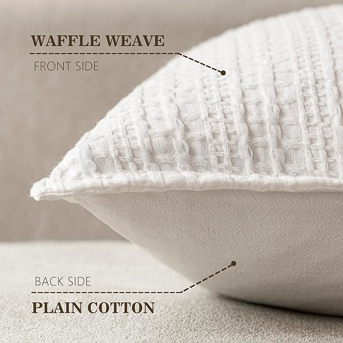 Foindtower Set of 2 Decorative Cotton Waffle Weave Throw Pillow Covers Euro Shams Cushion Covers Accent European Pillowcase for Bed Couch Sofa Bedroom Living Room Home Decor 22×22 Inch Cream White