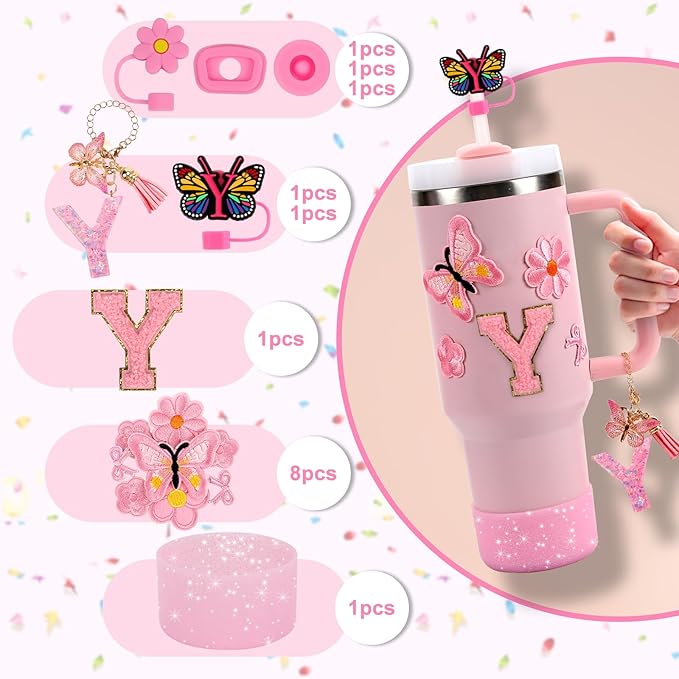 15PCS Cup Accessories Set for Stanley Cup 30oz 40oz Tumbler with Handle, Including Silicone Straw Cover and Boot, Spill Proof Stopper, Stanley Charms, Handle Charm, Initials Sticker