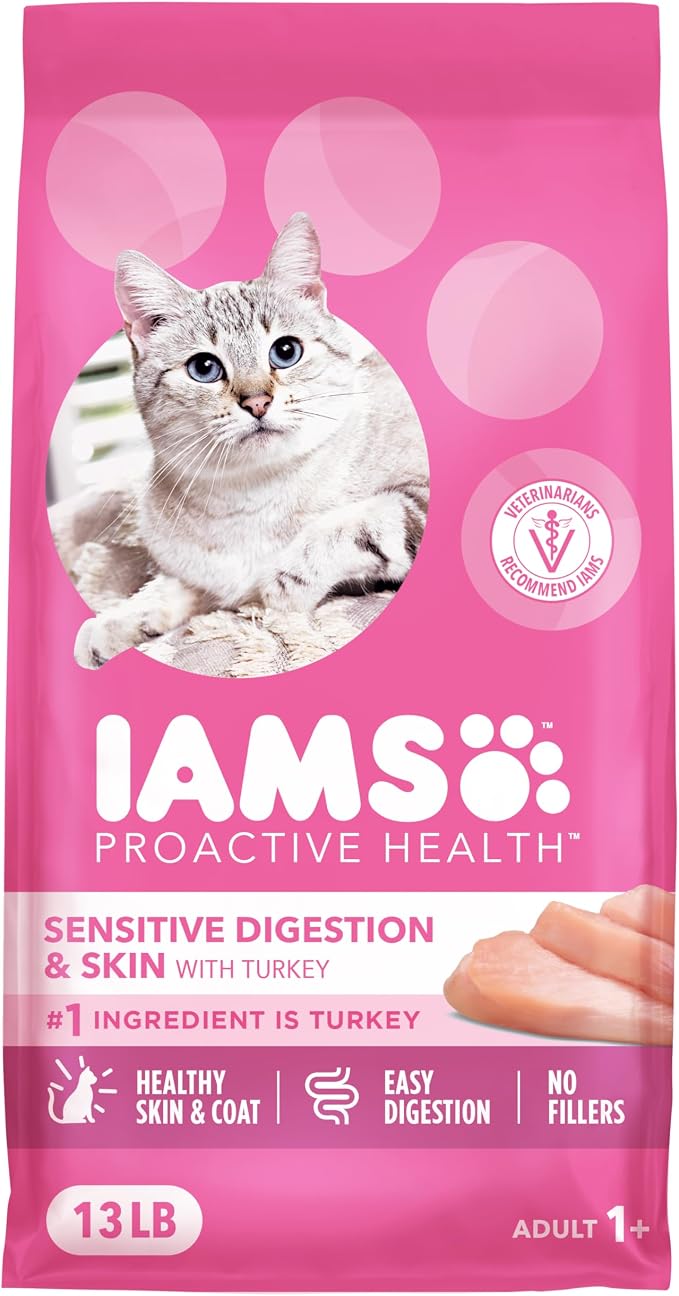 IAMS Proactive Health Sensitive Digestion Dry Cat Food, Turkey, 13 lb | Veterinarian-recommended, Real turkey #1 ingredient, prebiotics & fiber blend, Omega 6 & 3 for coat shine