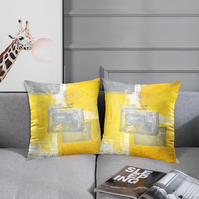Throw Pillow Covers Set of 2, 16 x 16 Inch, Yellow Grey | Abstract Modern Art Outdoor Decorative Square Pillow Cases Couch Cushion Case for Couch Bed Sofa Living Room Home Decor
