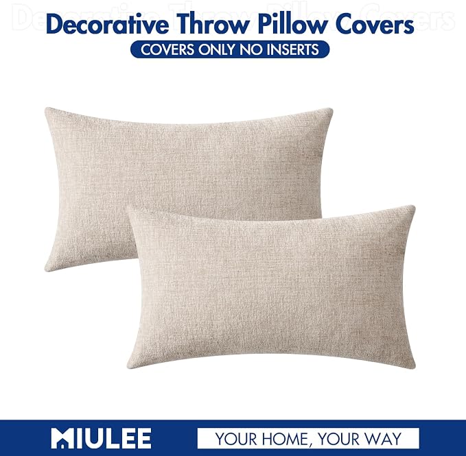 MIULEE Soft Chenille Lumbar Throw Pillow Covers Light Brown 12x20 Inch | Pack of 2, Modern Decor, Classic Decorative Pillows, Solid Dyed Cases, Boho Couch Cushion Covers for Sofa Bed Living Room