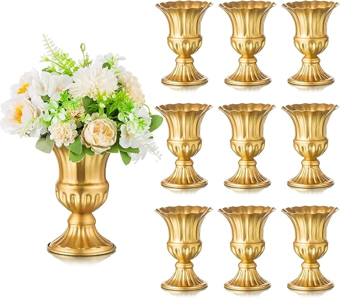 Sziqiqi Gold Metal Compote Vase, Urn Vases for Table Centerpiece, 10Pcs | 6.3in Tall, Golden Vintage Flower Arrangement for Wedding, Pedestal Bowl Planter Pot For Reception, Home, Party Decor