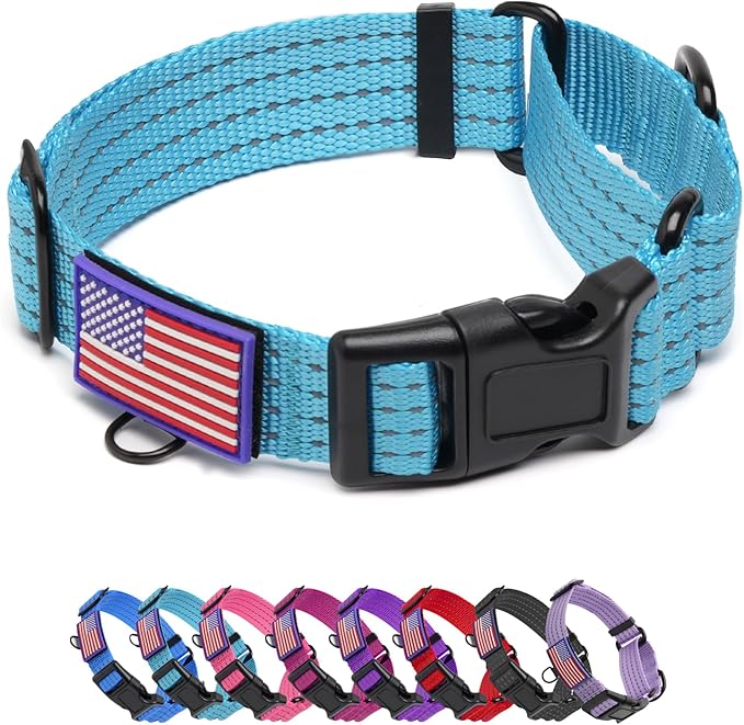 Martingale Dog Collar Reflective NO Pull with USA Flag, M,Sky Blue