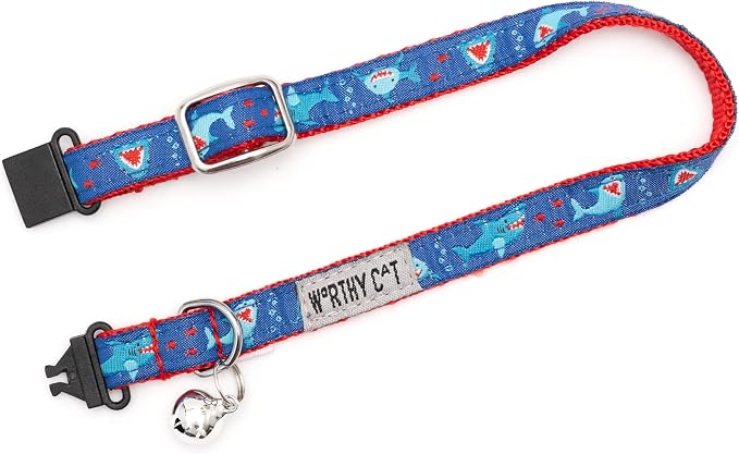 THE WORTHY DOG Characters Pattern, Breakaway Cat Collar, with Bell, Blue