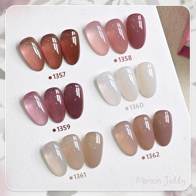 GAOY Jelly Brown White Gel Nail Polish Set, 6 Translucent Colors Sheer Pink Maroon Soak Off UV Light Cure Gel Polish Kit for Salon and Nail Art DIY at Home